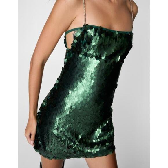 NWT NastyGal Disc Sequin Cut Out Side Strappy Mini Dress Emerald Green Size 12 - Picture 1 of 6